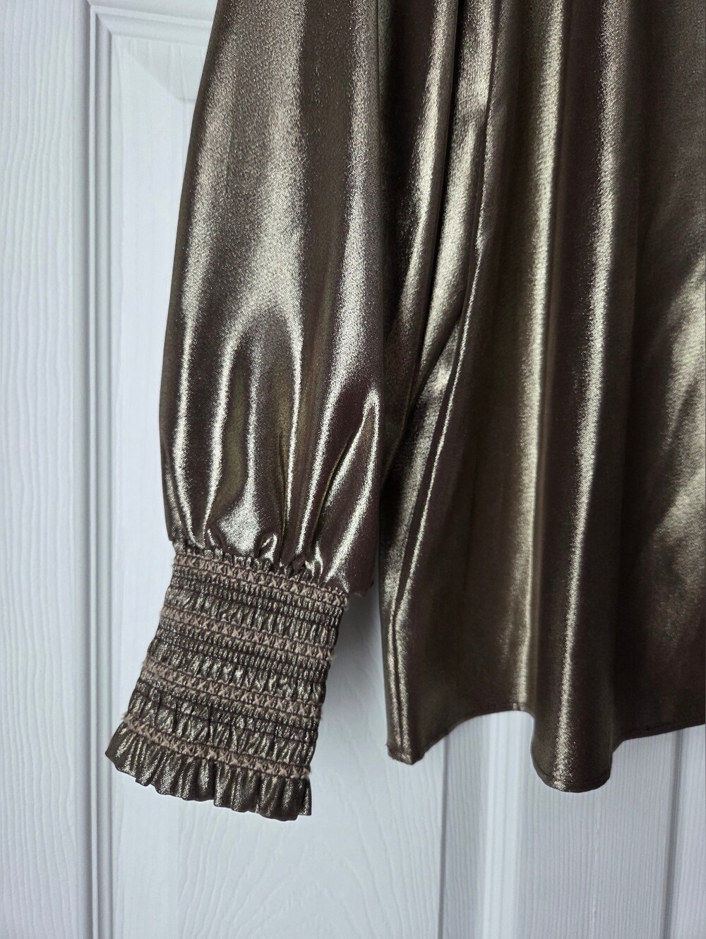 Karl Lagerfeld Paris Metallic Gold Smocked High-Neck Blouse Size M - Picture 5 of 12